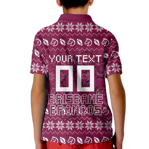 Personalized Brisbane Broncos Christmas Kid Polo Shirt Australian Rugby Fans - Pixelated Ugly Xmas Pattern Mascot Santa