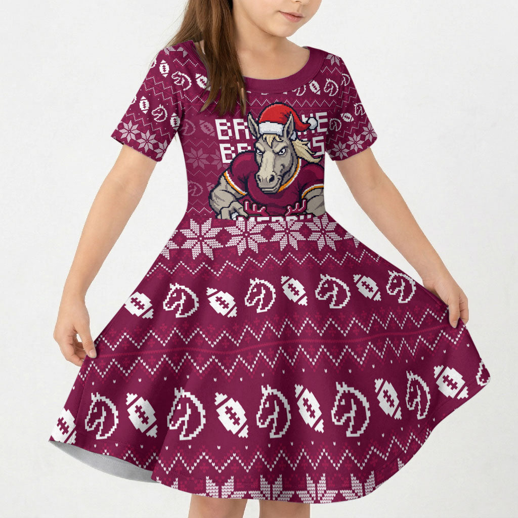 Personalized Brisbane Broncos Christmas Kid Short Sleeve Dress Australian Rugby Fans - Pixelated Ugly Xmas Pattern Mascot Santa