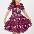 Personalized Brisbane Broncos Christmas Kid Short Sleeve Dress Australian Rugby Fans - Pixelated Ugly Xmas Pattern Mascot Santa