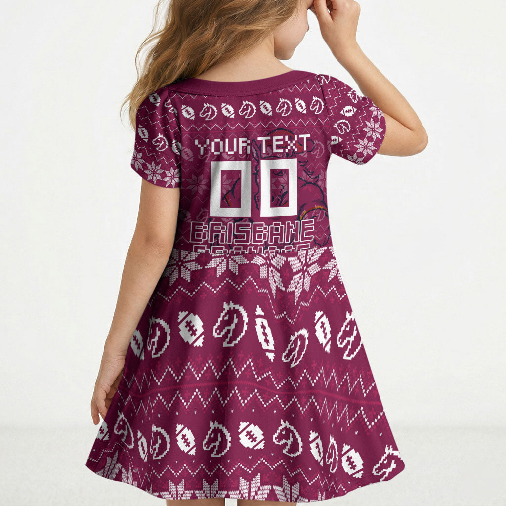 Personalized Brisbane Broncos Christmas Kid Short Sleeve Dress Australian Rugby Fans - Pixelated Ugly Xmas Pattern Mascot Santa