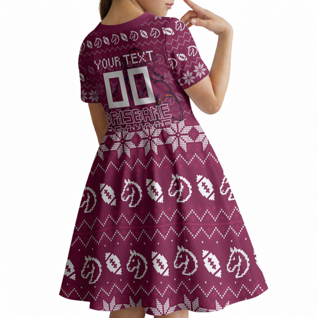 Personalized Brisbane Broncos Christmas Kid Short Sleeve Dress Australian Rugby Fans - Pixelated Ugly Xmas Pattern Mascot Santa