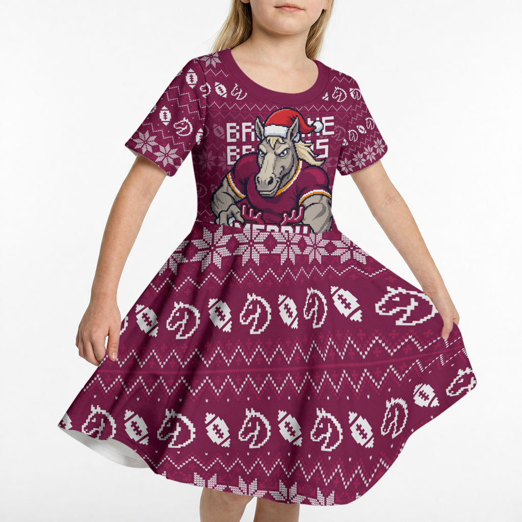 Personalized Brisbane Broncos Christmas Kid Short Sleeve Dress Australian Rugby Fans - Pixelated Ugly Xmas Pattern Mascot Santa