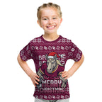 Personalized Brisbane Broncos Christmas Kid T Shirt Australian Rugby Fans - Pixelated Ugly Xmas Pattern Mascot Santa