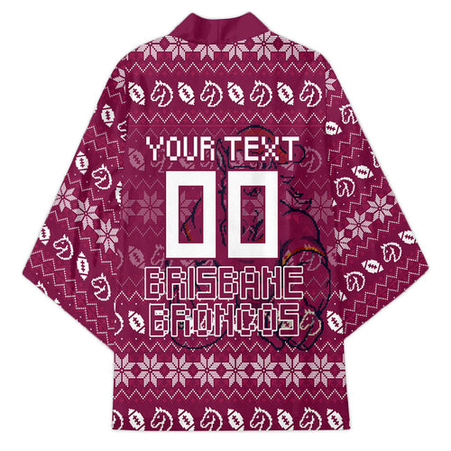 Personalized Brisbane Broncos Christmas Kimono Australian Rugby Fans - Pixelated Ugly Xmas Pattern Mascot Santa