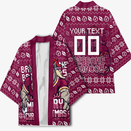 Personalized Brisbane Broncos Christmas Kimono Australian Rugby Fans - Pixelated Ugly Xmas Pattern Mascot Santa