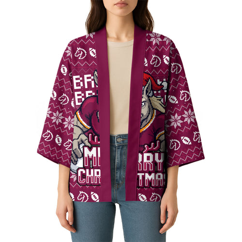 Personalized Brisbane Broncos Christmas Kimono Australian Rugby Fans - Pixelated Ugly Xmas Pattern Mascot Santa