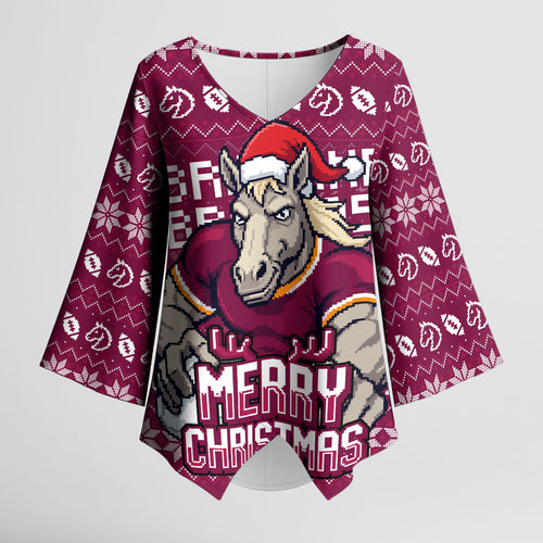 Personalized Brisbane Broncos Christmas Kimono Sleeve Blouse Australian Rugby Fans - Pixelated Ugly Xmas Pattern Mascot Santa