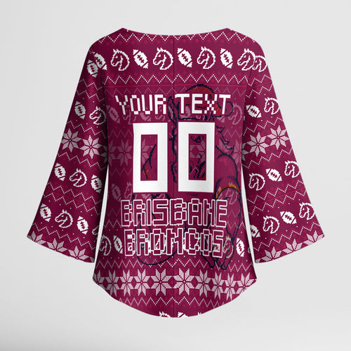 Personalized Brisbane Broncos Christmas Kimono Sleeve Blouse Australian Rugby Fans - Pixelated Ugly Xmas Pattern Mascot Santa