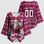 Personalized Brisbane Broncos Christmas Kimono Sleeve Blouse Australian Rugby Fans - Pixelated Ugly Xmas Pattern Mascot Santa