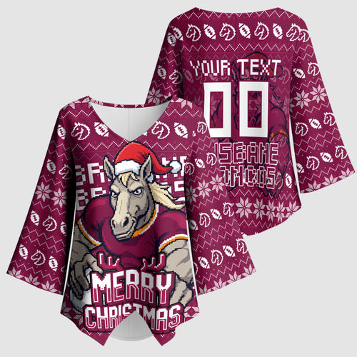 Personalized Brisbane Broncos Christmas Kimono Sleeve Blouse Australian Rugby Fans - Pixelated Ugly Xmas Pattern Mascot Santa