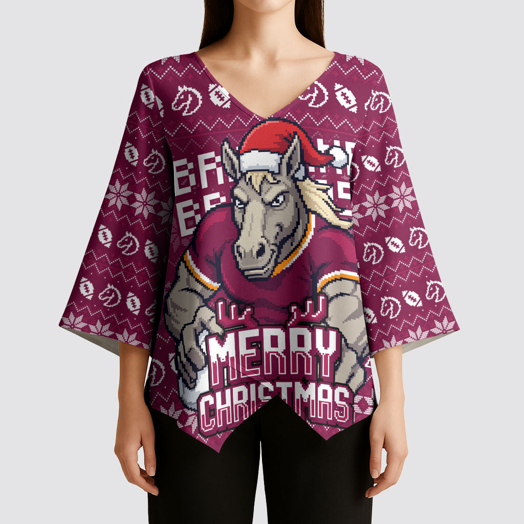 Personalized Brisbane Broncos Christmas Kimono Sleeve Blouse Australian Rugby Fans - Pixelated Ugly Xmas Pattern Mascot Santa