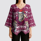 Personalized Brisbane Broncos Christmas Kimono Sleeve Blouse Australian Rugby Fans - Pixelated Ugly Xmas Pattern Mascot Santa