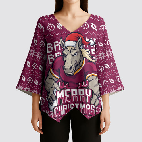 Personalized Brisbane Broncos Christmas Kimono Sleeve Blouse Australian Rugby Fans - Pixelated Ugly Xmas Pattern Mascot Santa