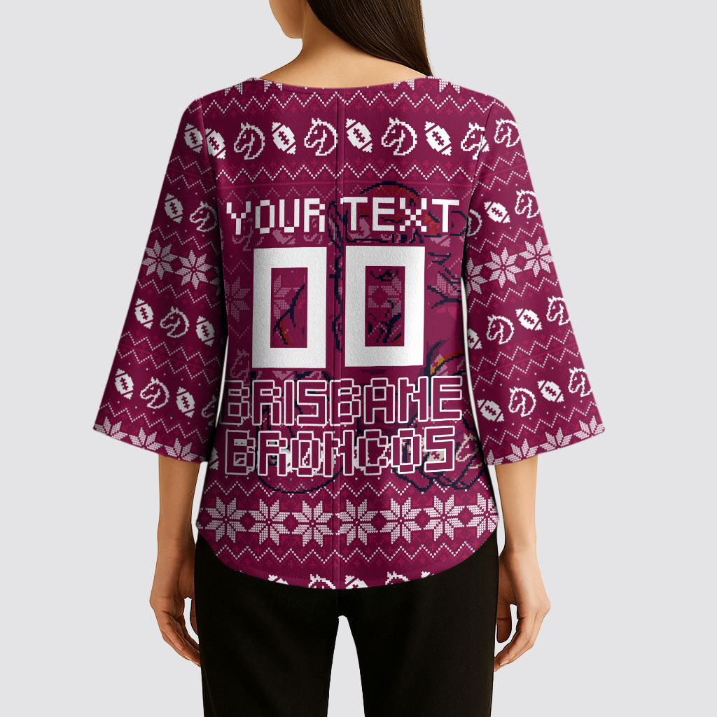Personalized Brisbane Broncos Christmas Kimono Sleeve Blouse Australian Rugby Fans - Pixelated Ugly Xmas Pattern Mascot Santa