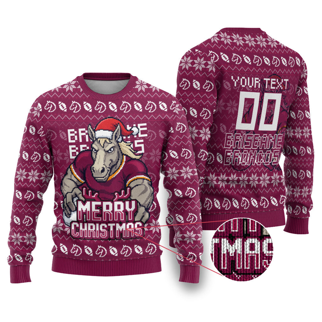 Personalized Brisbane Broncos Christmas Ugly Christmas Sweater Australian Rugby Fans - Pixelated Ugly Xmas Pattern Mascot Santa