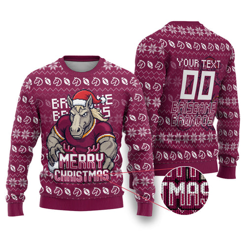 Personalized Brisbane Broncos Christmas Ugly Christmas Sweater Australian Rugby Fans - Pixelated Ugly Xmas Pattern Mascot Santa