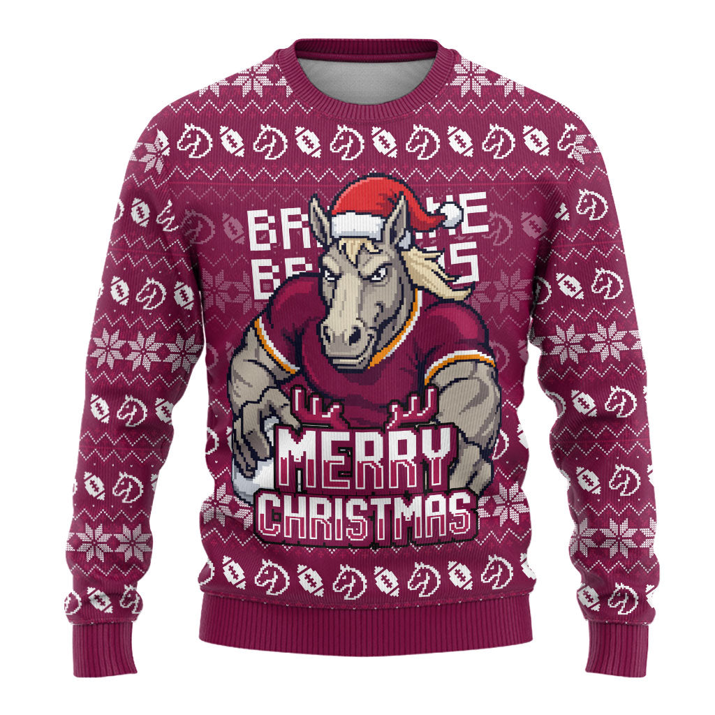 Personalized Brisbane Broncos Christmas Ugly Christmas Sweater Australian Rugby Fans - Pixelated Ugly Xmas Pattern Mascot Santa