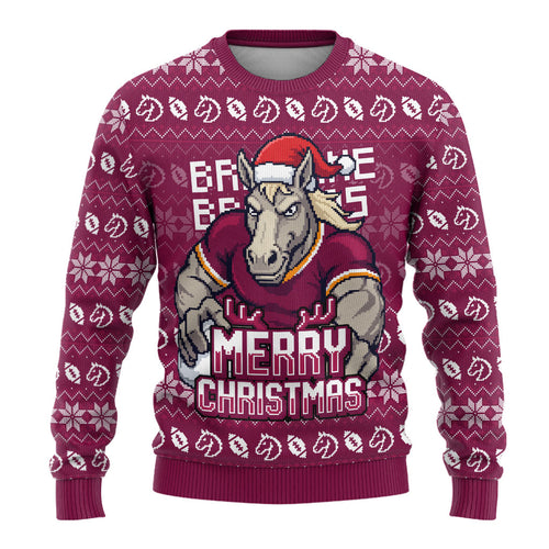 Personalized Brisbane Broncos Christmas Ugly Christmas Sweater Australian Rugby Fans - Pixelated Ugly Xmas Pattern Mascot Santa