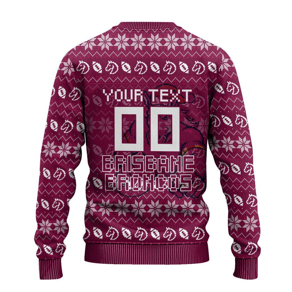 Personalized Brisbane Broncos Christmas Ugly Christmas Sweater Australian Rugby Fans - Pixelated Ugly Xmas Pattern Mascot Santa