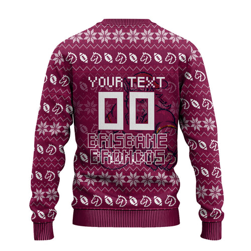Personalized Brisbane Broncos Christmas Ugly Christmas Sweater Australian Rugby Fans - Pixelated Ugly Xmas Pattern Mascot Santa