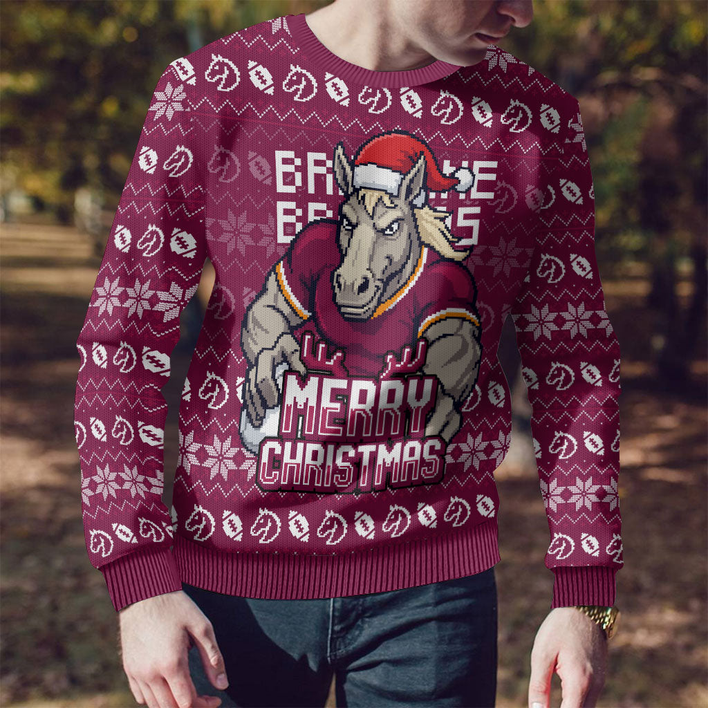 Personalized Brisbane Broncos Christmas Ugly Christmas Sweater Australian Rugby Fans - Pixelated Ugly Xmas Pattern Mascot Santa