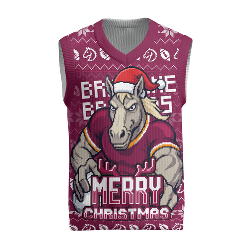 Personalized Brisbane Broncos Christmas Knitted V-Neck Vest Australian Rugby Fans - Pixelated Ugly Xmas Pattern Mascot Santa