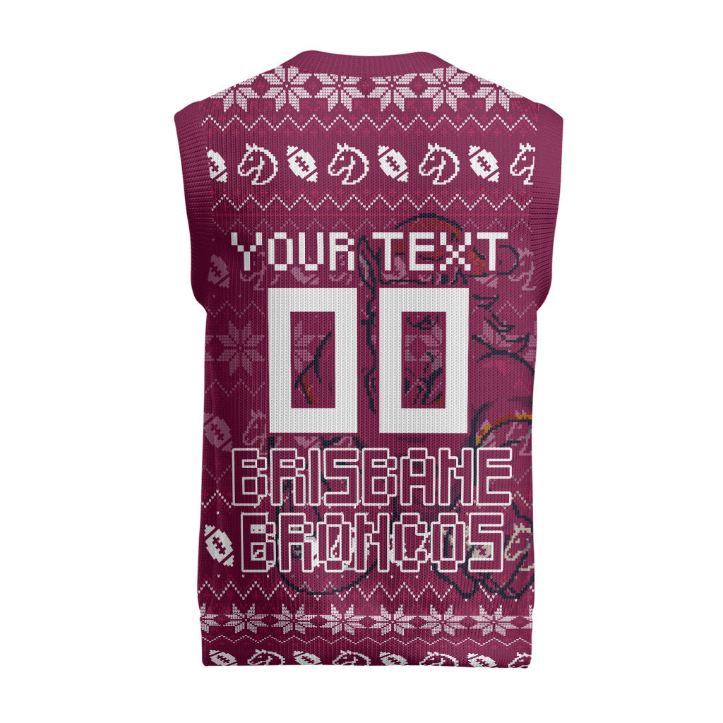 Personalized Brisbane Broncos Christmas Knitted V-Neck Vest Australian Rugby Fans - Pixelated Ugly Xmas Pattern Mascot Santa