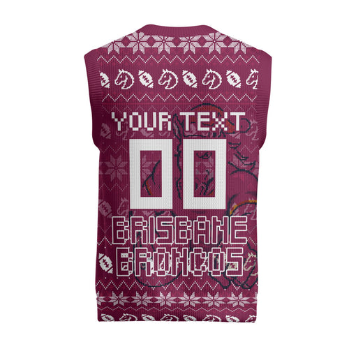 Personalized Brisbane Broncos Christmas Knitted V-Neck Vest Australian Rugby Fans - Pixelated Ugly Xmas Pattern Mascot Santa