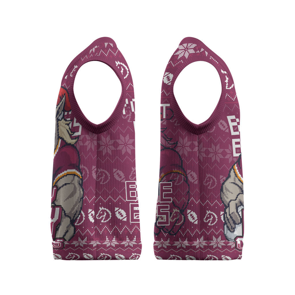 Personalized Brisbane Broncos Christmas Knitted V-Neck Vest Australian Rugby Fans - Pixelated Ugly Xmas Pattern Mascot Santa
