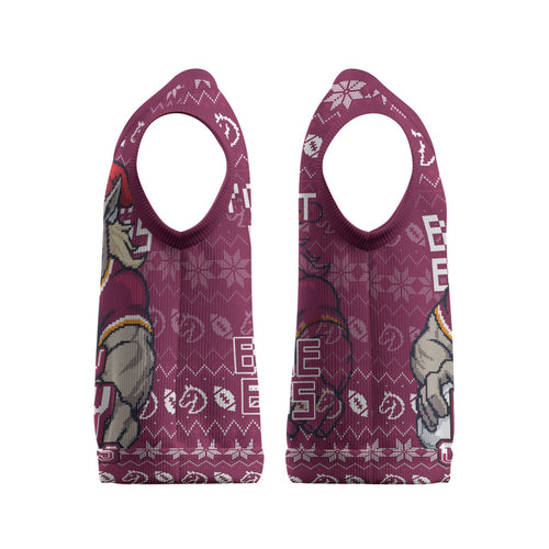 Personalized Brisbane Broncos Christmas Knitted V-Neck Vest Australian Rugby Fans - Pixelated Ugly Xmas Pattern Mascot Santa