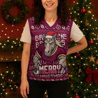 Personalized Brisbane Broncos Christmas Knitted V-Neck Vest Australian Rugby Fans - Pixelated Ugly Xmas Pattern Mascot Santa