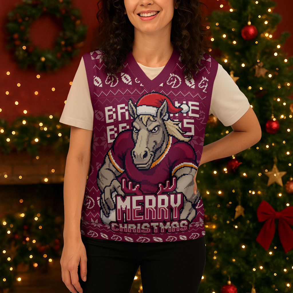 Personalized Brisbane Broncos Christmas Knitted V-Neck Vest Australian Rugby Fans - Pixelated Ugly Xmas Pattern Mascot Santa