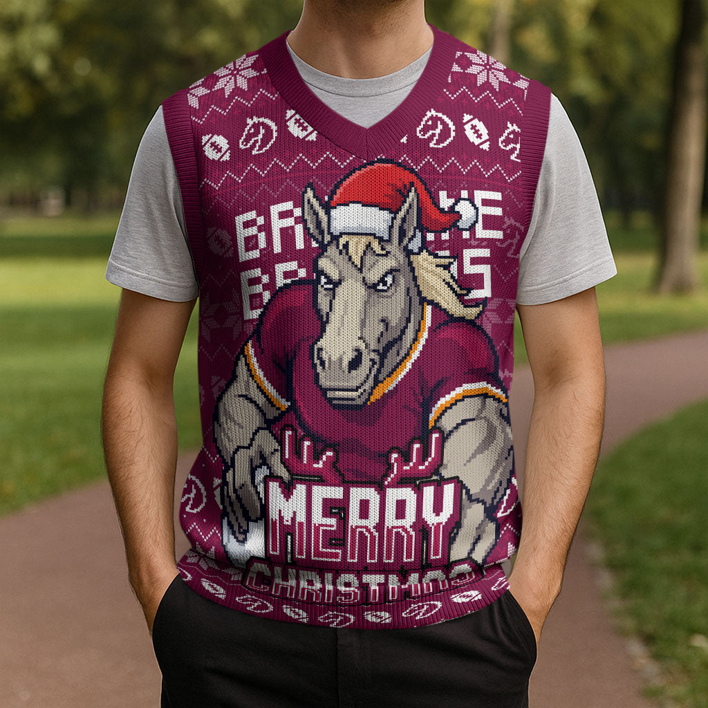 Personalized Brisbane Broncos Christmas Knitted V-Neck Vest Australian Rugby Fans - Pixelated Ugly Xmas Pattern Mascot Santa