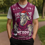 Personalized Brisbane Broncos Christmas Knitted V-Neck Vest Australian Rugby Fans - Pixelated Ugly Xmas Pattern Mascot Santa
