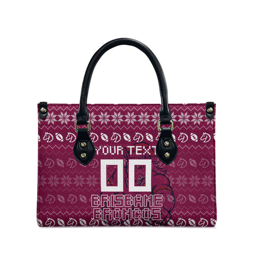 Personalized Brisbane Broncos Christmas Leather Bag Australian Rugby Fans - Pixelated Ugly Xmas Pattern Mascot Santa