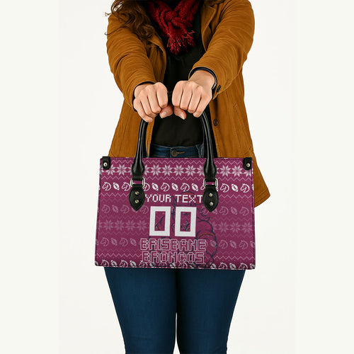 Personalized Brisbane Broncos Christmas Leather Bag Australian Rugby Fans - Pixelated Ugly Xmas Pattern Mascot Santa