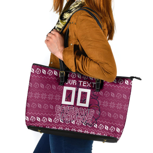 Personalized Brisbane Broncos Christmas Leather Tote Bag Australian Rugby Fans - Pixelated Ugly Xmas Pattern Mascot Santa