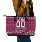 Personalized Brisbane Broncos Christmas Leather Tote Bag Australian Rugby Fans - Pixelated Ugly Xmas Pattern Mascot Santa