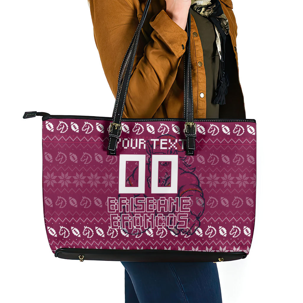 Personalized Brisbane Broncos Christmas Leather Tote Bag Australian Rugby Fans - Pixelated Ugly Xmas Pattern Mascot Santa