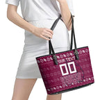 Personalized Brisbane Broncos Christmas Leather Tote Bag Australian Rugby Fans - Pixelated Ugly Xmas Pattern Mascot Santa