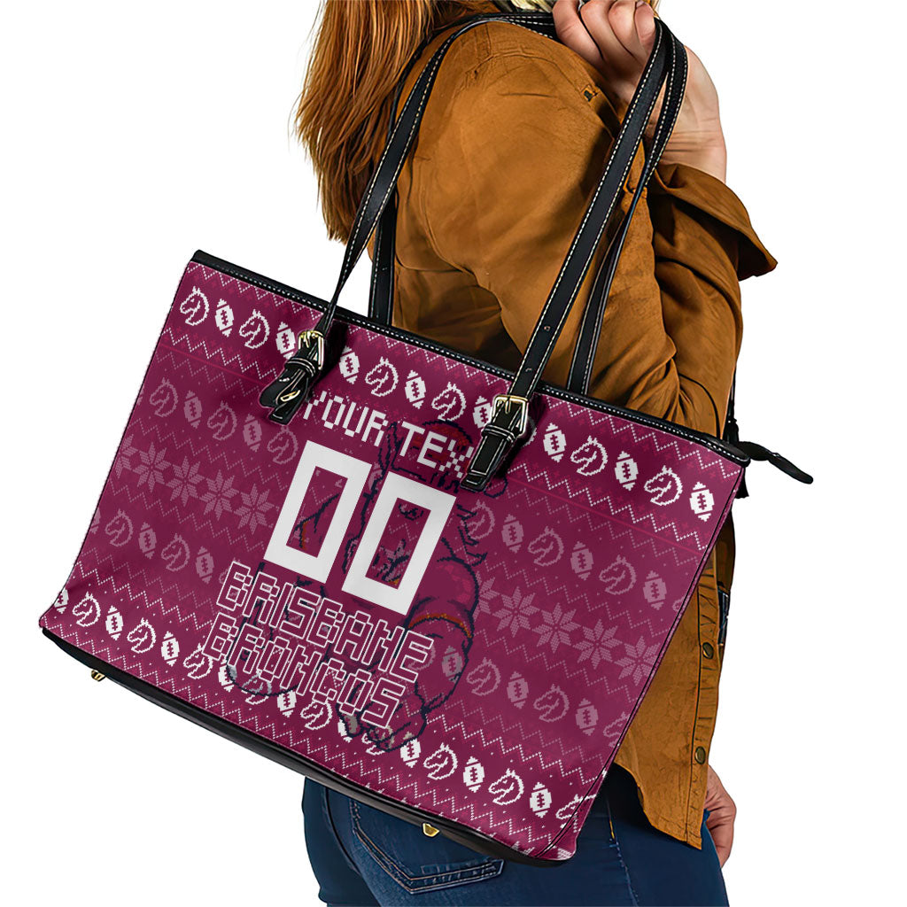 Personalized Brisbane Broncos Christmas Leather Tote Bag Australian Rugby Fans - Pixelated Ugly Xmas Pattern Mascot Santa