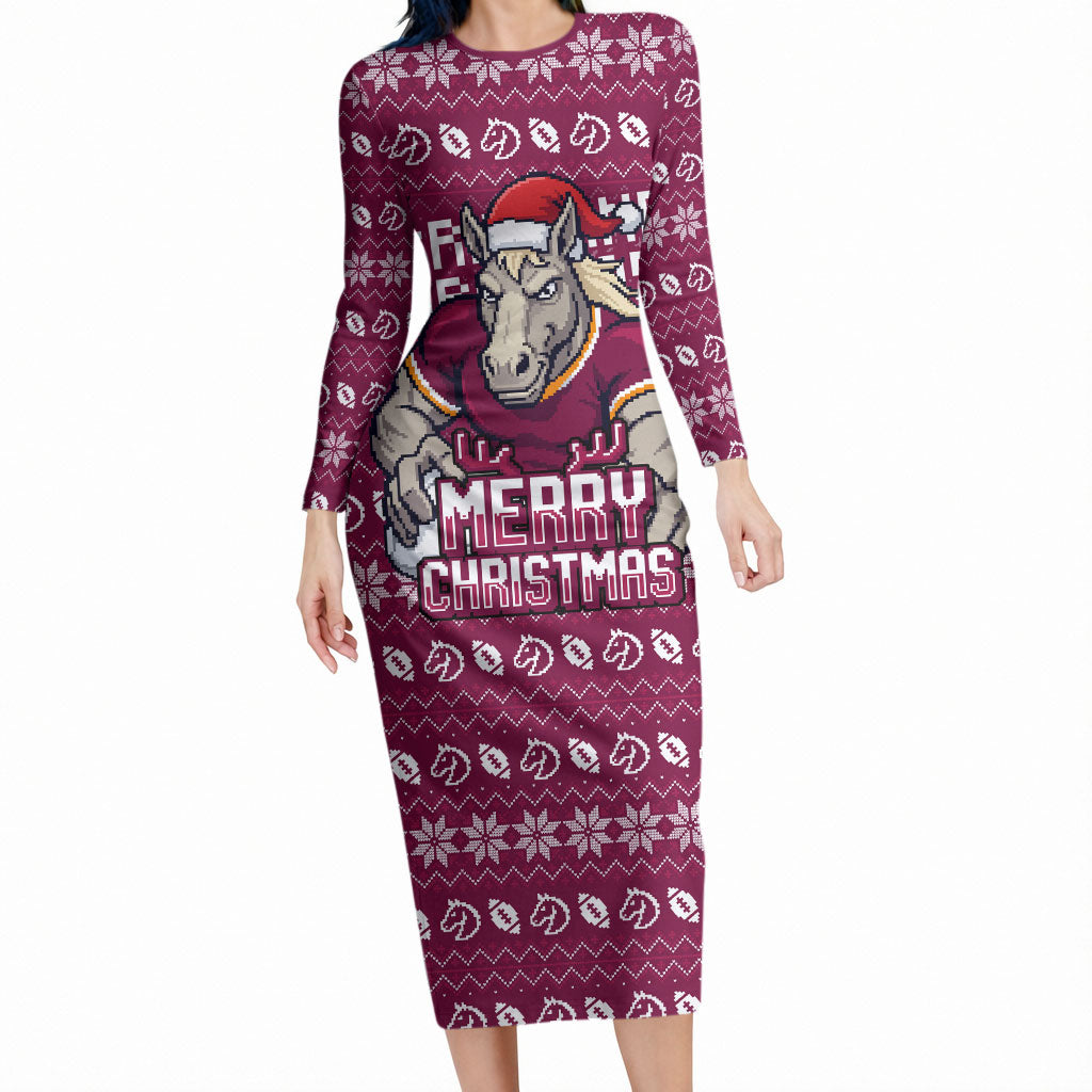 Personalized Brisbane Broncos Christmas Long Sleeve Bodycon Dress Australian Rugby Fans - Pixelated Ugly Xmas Pattern Mascot Santa