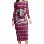 Personalized Brisbane Broncos Christmas Long Sleeve Bodycon Dress Australian Rugby Fans - Pixelated Ugly Xmas Pattern Mascot Santa