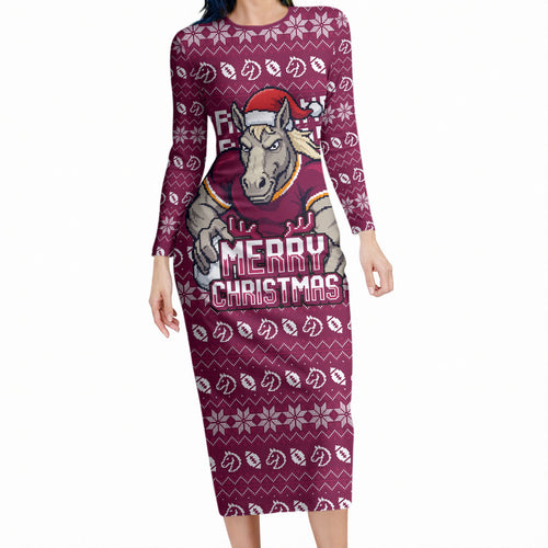 Personalized Brisbane Broncos Christmas Long Sleeve Bodycon Dress Australian Rugby Fans - Pixelated Ugly Xmas Pattern Mascot Santa