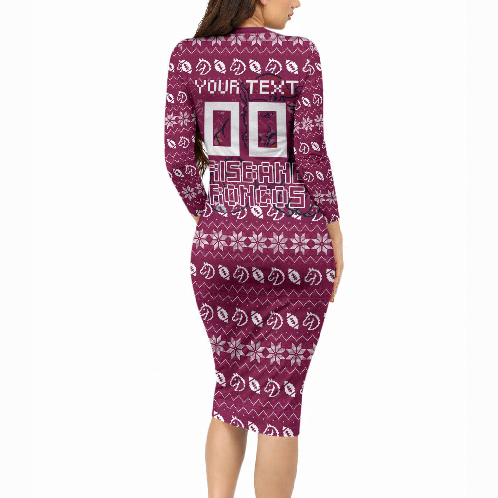Personalized Brisbane Broncos Christmas Long Sleeve Bodycon Dress Australian Rugby Fans - Pixelated Ugly Xmas Pattern Mascot Santa