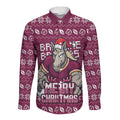 Personalized Brisbane Broncos Christmas Long Sleeve Button Shirt Australian Rugby Fans - Pixelated Ugly Xmas Pattern Mascot Santa