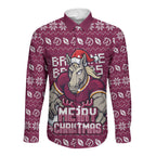 Personalized Brisbane Broncos Christmas Long Sleeve Button Shirt Australian Rugby Fans - Pixelated Ugly Xmas Pattern Mascot Santa