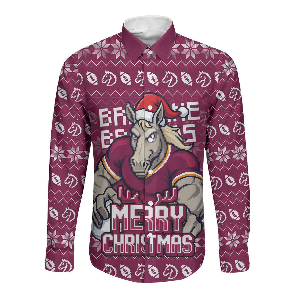 Personalized Brisbane Broncos Christmas Long Sleeve Button Shirt Australian Rugby Fans - Pixelated Ugly Xmas Pattern Mascot Santa