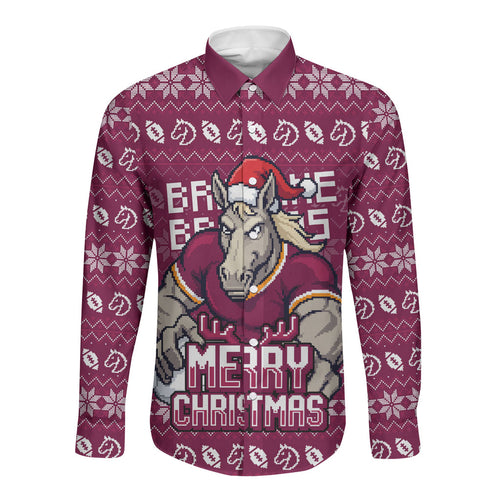 Personalized Brisbane Broncos Christmas Long Sleeve Button Shirt Australian Rugby Fans - Pixelated Ugly Xmas Pattern Mascot Santa