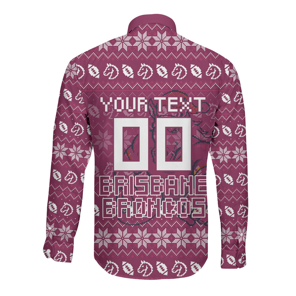 Personalized Brisbane Broncos Christmas Long Sleeve Button Shirt Australian Rugby Fans - Pixelated Ugly Xmas Pattern Mascot Santa
